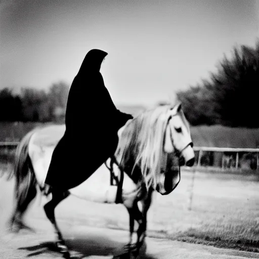 Image similar to A woman with a black cloak is riding a dark horse from distance, Kodak TRI-X 400, dark mood, melancholic