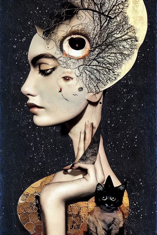 Prompt: Collage art combines a beautiful woman with a symmetrical face with a moon, cat and heart, surreal, beautiful,steampunk style dave mckean , beautiful and creepy , silkscreen, textures, perfect geometry , epic composition, golden ratio, high quality printing