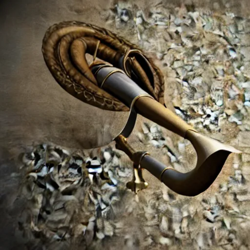 Image similar to a 3 d render of a medieval blowing horn, winding horn, animal horn, higly detailed, mystic, artwork