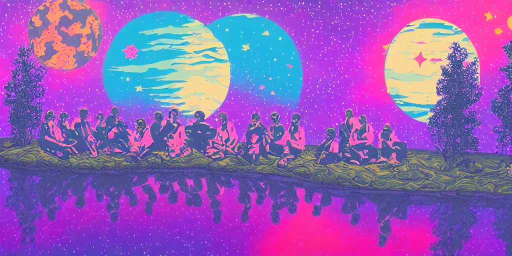 Image similar to twelve astronauts sitting by the river with a big holiday cake + psychedelic vegetation + purple, pink, blue + planets and stars + mystical fog, super detail, high quality