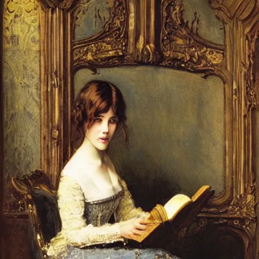 Prompt: young victorian woman in a castle reading a horror book by alfred stevens