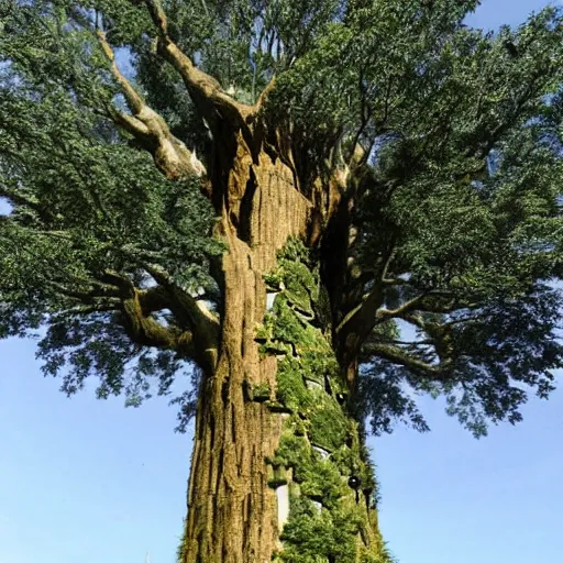 Prompt: A giant tree that has been modelled to function as a skyscraper