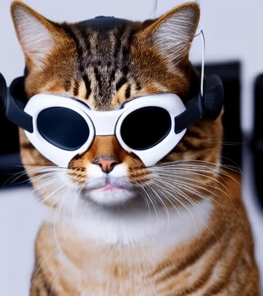 Image similar to a 4 k photorealistic photo of a cat wearing a vr headset on its head