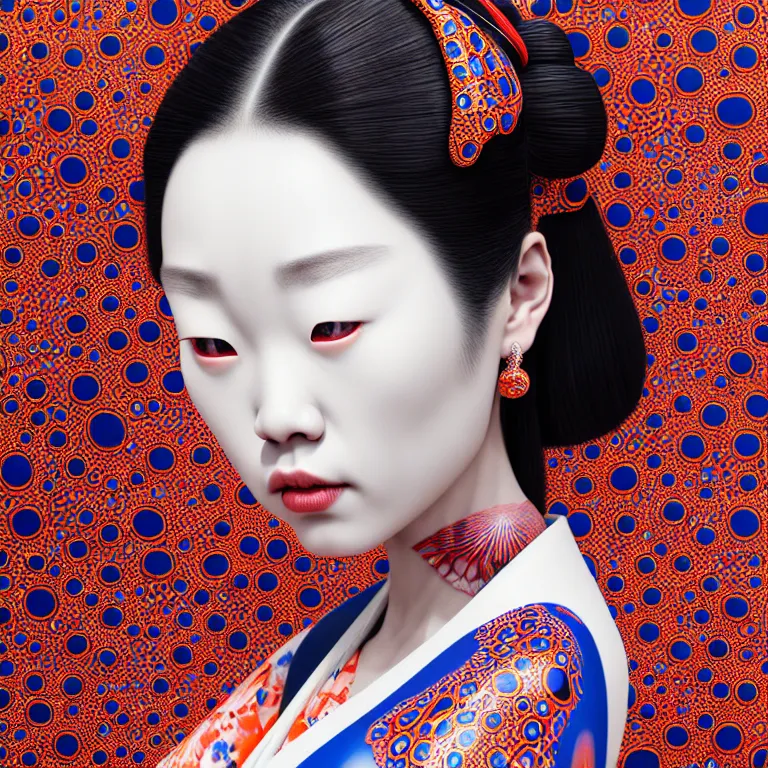 Prompt: hyperrealistic detailed image of a geisha in a art installation room, hd smooth interior by yayoi kusama, part by kei mieno, part by ross tran, dark art by james jean, ultra realistic, highly detailed, life like face, detailed body, 8 k, 3 d render by roger magrini, very cohesive, masterpiece