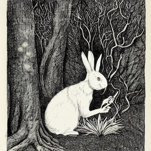 Image similar to a pen and ink drawing of a white rabbit smoking a cigarette while reclining in a deep dark tangled forest, a lingering smoke cloud, childrens book illustration, by edward gorey, by gustav dore