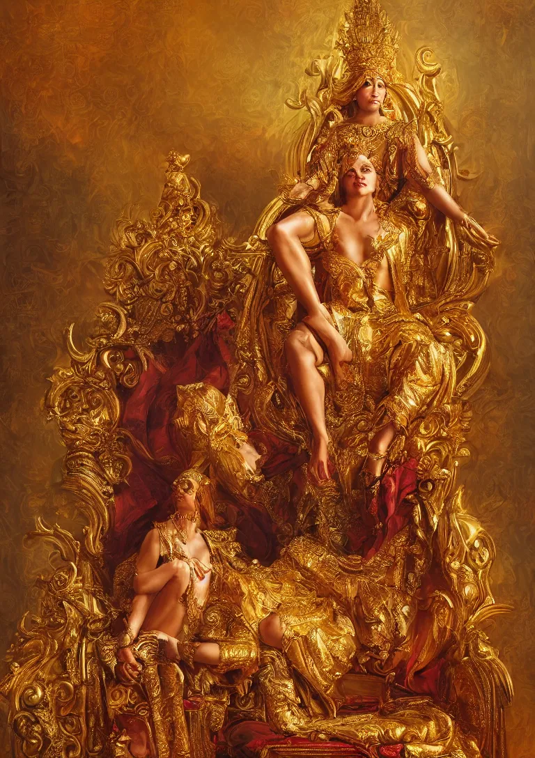 Image similar to a beautiful painting of a golden goddess sitting on a throne, detailed portrait, dennis velleneuve, warm colors, ultra realistic, 8 k, photography