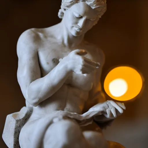 Prompt: marble sculpture of artist sculpting, dramatic lighting, photo realistic bokeh, f 1. 2,