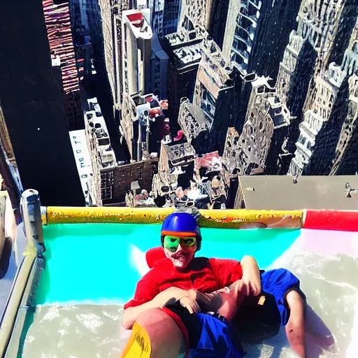 Prompt: sitting in a small kiddie pool that is falling 5 0 0 feet above nyc