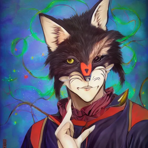 Image similar to portrait of trickster in the fox mask, anime fantasy illustration by tomoyuki yamasaki, kyoto studio, madhouse, ufotable, trending on artstation