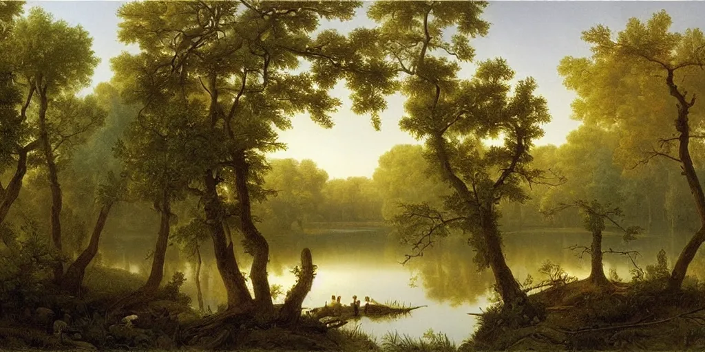 Prompt: a calm, round lake. Cherry forest. early morning mist. Oil painting. masterwork. by Asher Brown Durand.