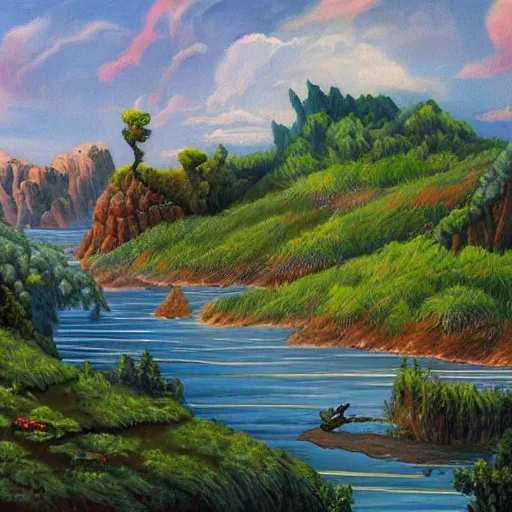 Image similar to painting of a lush natural scene on an alien planet by igor grabar. beautiful landscape. weird vegetation. cliffs and water.