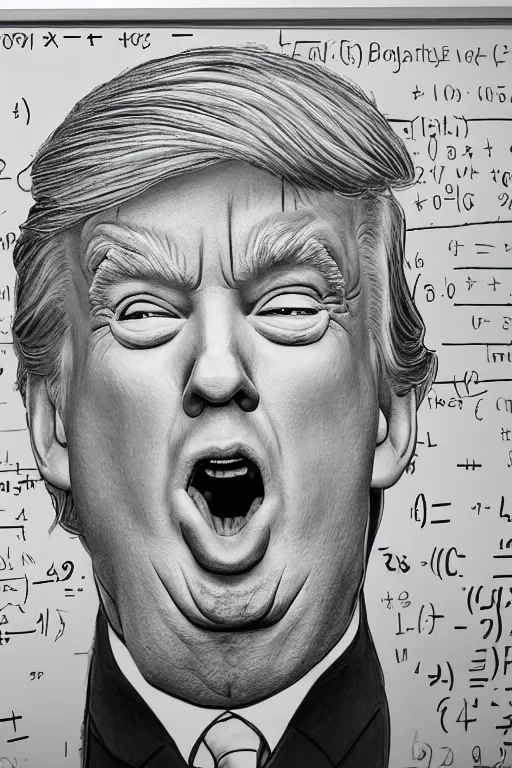 Prompt: extremely detailed portrait of donald trump looking totally confused by advanced mathematics written on a whiteboard and panicking. this is totally beyond him and the mere existence of math terrifies him. highly detailed lifelike photorealistic digital painting, trending on artstation.