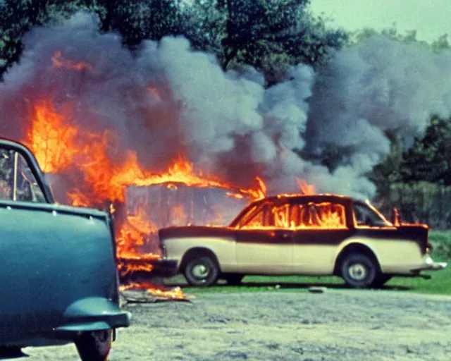 Prompt: a movie still from 'A Goose Set my House on Fire', 40mm tape, technicolour film, goose in foreground!!!!, housefire!, letterboxing, widescreen