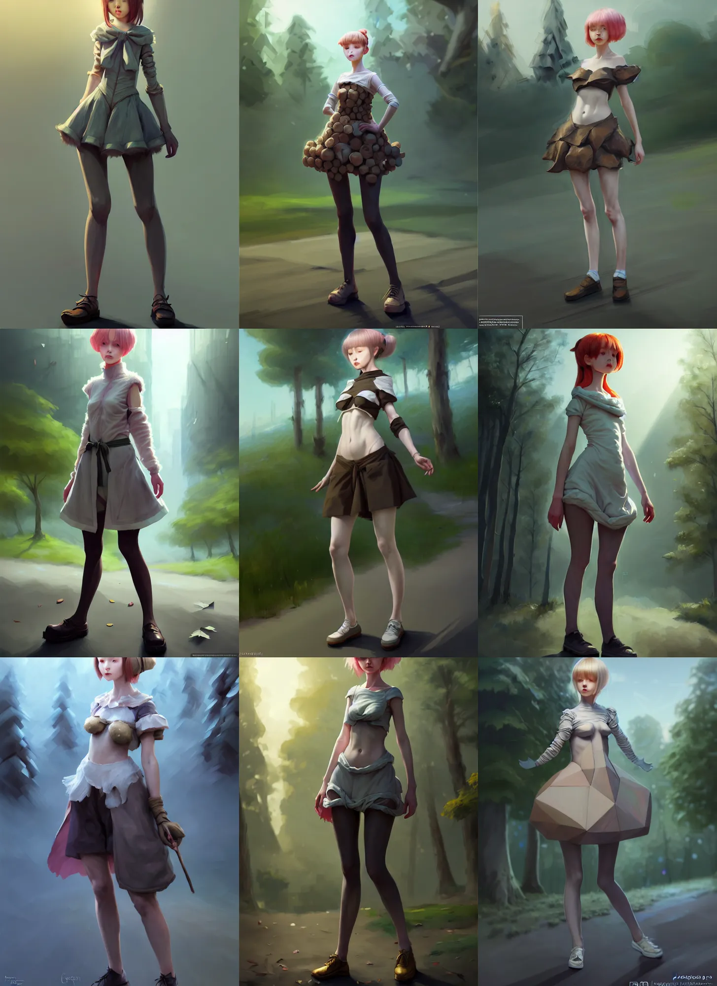 Prompt: costume design from organic designers, artist reference pictures pose, anatomy skills,sophisticated composition, old masters light composition, procedurally generated, epic anthropomorphic kawaii human girl character posing for concept art, forest city streets behind her, substance designer, PBR, HD, Ultra detailed, hyperrealistic, megascans, volumetric light, concept by master artist, made in paint tool SAI2, trending pixiv face