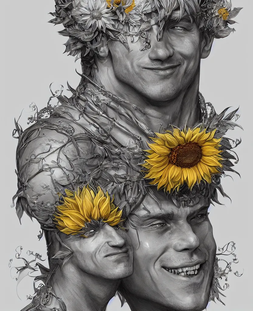 Image similar to digital art, centered full body of young any old Putin smiling king, Sunflower crown, ,intricate, veins, by James Jean and by artgerm , by ross tran ultradetailed, charachter design, concept art, trending on artstation,