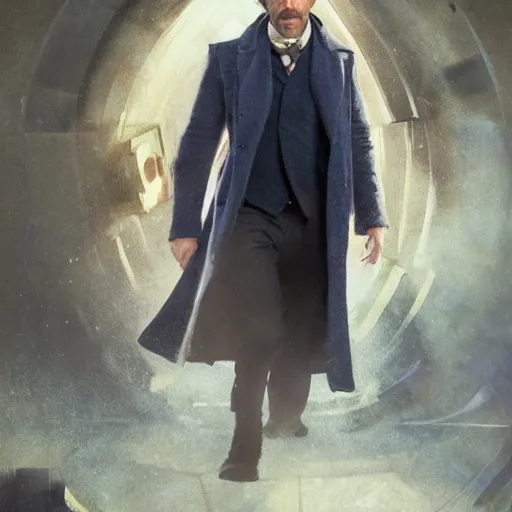 Image similar to ryan reynolds as a rough dirty old man with a scruffy beard in a dark blue trenchcoat as the new doctor who, cinematic, volumetric lighting, f 8 aperture, cinematic eastman 5 3 8 4 film, photorealistic by greg rutkowski, by stanley artgerm, by alphonse mucha