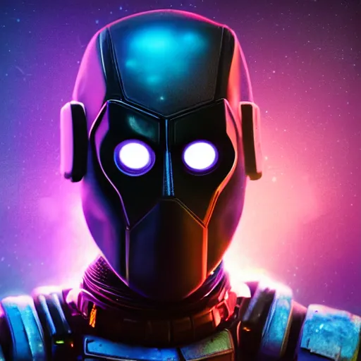 Prompt: cyberpunk concept cool deadpool warrior bot, cinema 4 d, galaxy, ufo, space sci - fi, wearing vr goggles, illustration, portrait, pastel neon textured background night, trending on artstation, greg rutkowski, octane rendered, 1 2 k, detailed,