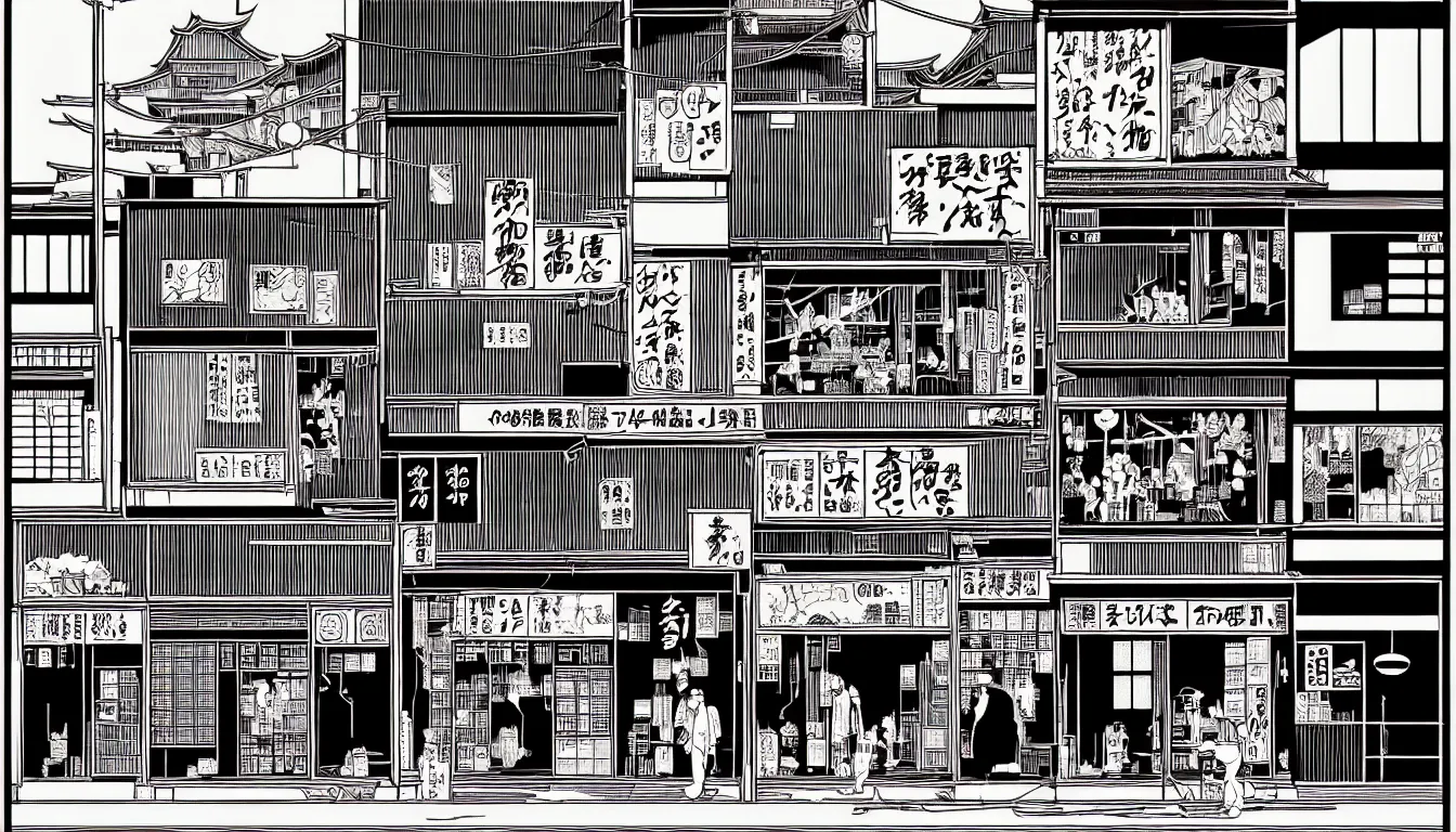 Image similar to old japanese shops by dan mumford and peter doig and edward hopper, symmetrical, minimal, black ink, thick lines highly detailed, muted colours 8 k