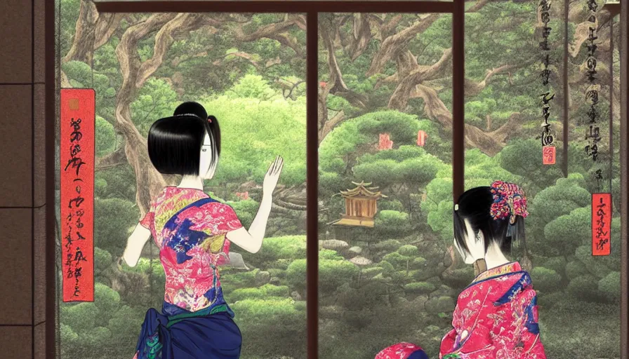 Prompt: eizin suzuki style digital painting of a beautiful girl in japan, looking out a window at a temple garden filled with yokai and spirits, uhd, high detail,