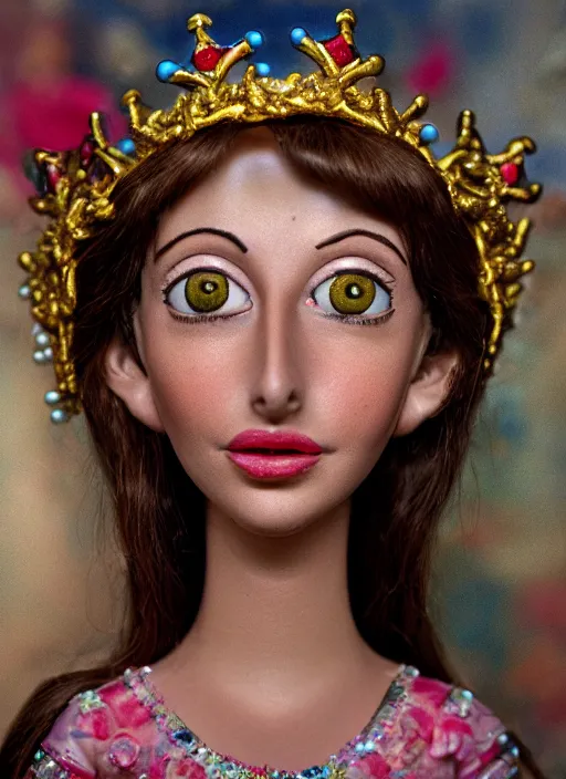 Prompt: closeup face profile portrait of a tin toy shelley duvall as a fairytale princess wearing a crown eating cakes, bikini, depth of field, zeiss lens, detailed, symmetrical, centered, fashion photoshoot, by nicoletta ceccoli, mark ryden, lostfish, breathtaking, 8 k resolution, extremely detailed, beautiful, establishing shot, artistic, hyperrealistic, octane render