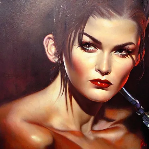 Prompt: detailed portrait of widowmaker intricate, hyper detailed, realistic, oil painting, by julie bell, frank frazetta, cinematic lighting