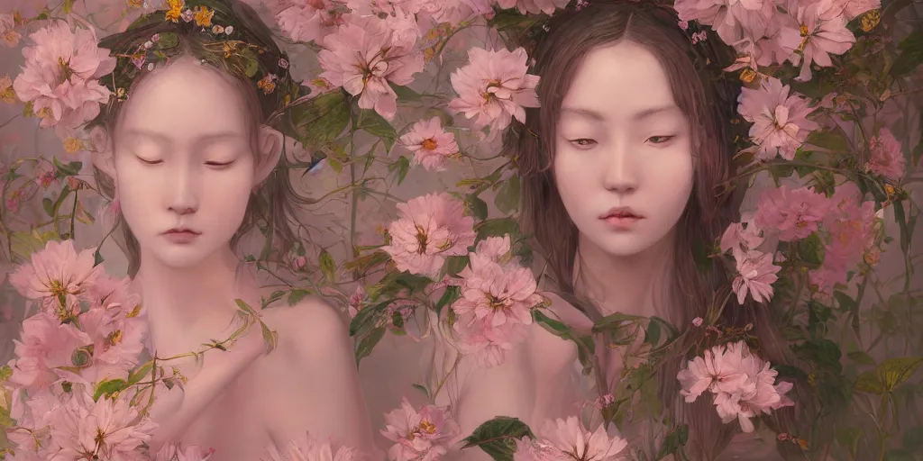 Image similar to breathtaking detailed weird concept art painting of few goddesses of light pink flowers, orthodox saint, with anxious, piercing eyes, ornate background, amalgamation of leaves and flowers, by Hsiao-Ron Cheng, extremely moody lighting, 8K