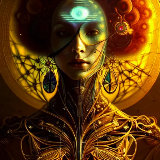 Image similar to extremely psychedelic beautiful cyborg virus infected by night. intricate, elegant, highly detailed, extremely lifelike photorealistic digital painting, artstation. steichen, gaston bussiere, tom bagshaw, cyberpunk alphonse mucha. totally elegant. anatomically correct. sharp focus. black and gold. surreal lush hallucination