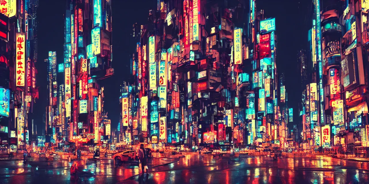 Image similar to a big futuristic cyberpunk city at night, tall buildings, a cat sitting under an umbrella, rain, japanese neon signs, cinematic lighting, hd 4k photo