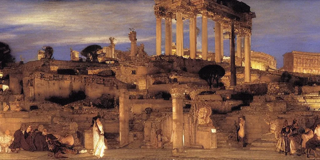 Image similar to ancient rome on fire at night by lawrence alma - tadema,