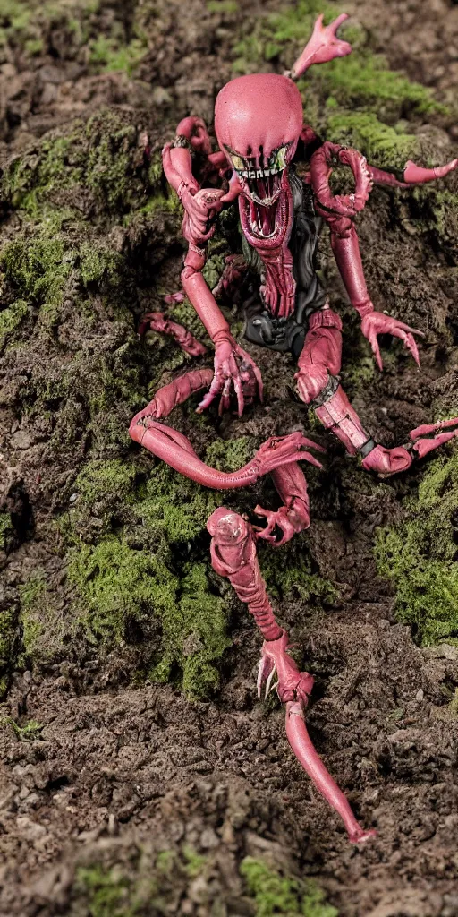 Prompt: bootleg figure of a plastic xenomorph diorama crushed on the ground surrounded of dirt and moss secondhand, mcfarlane, figma, cursed photography