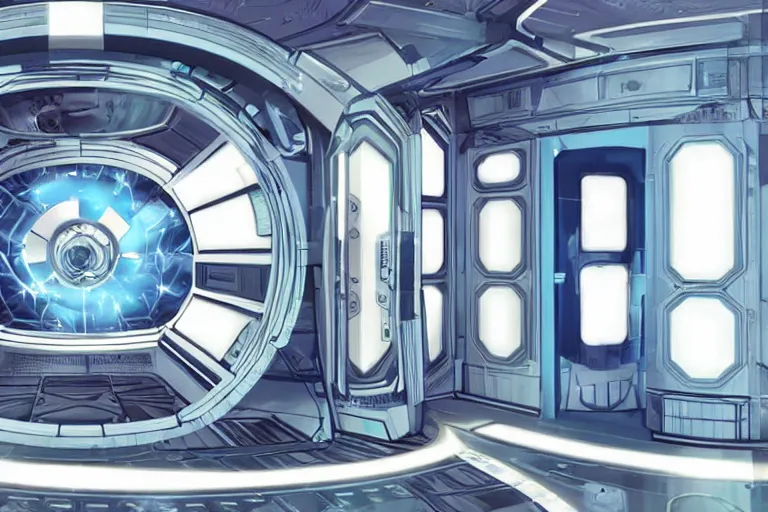 Image similar to futuristic tardis interior stylized like portal 2