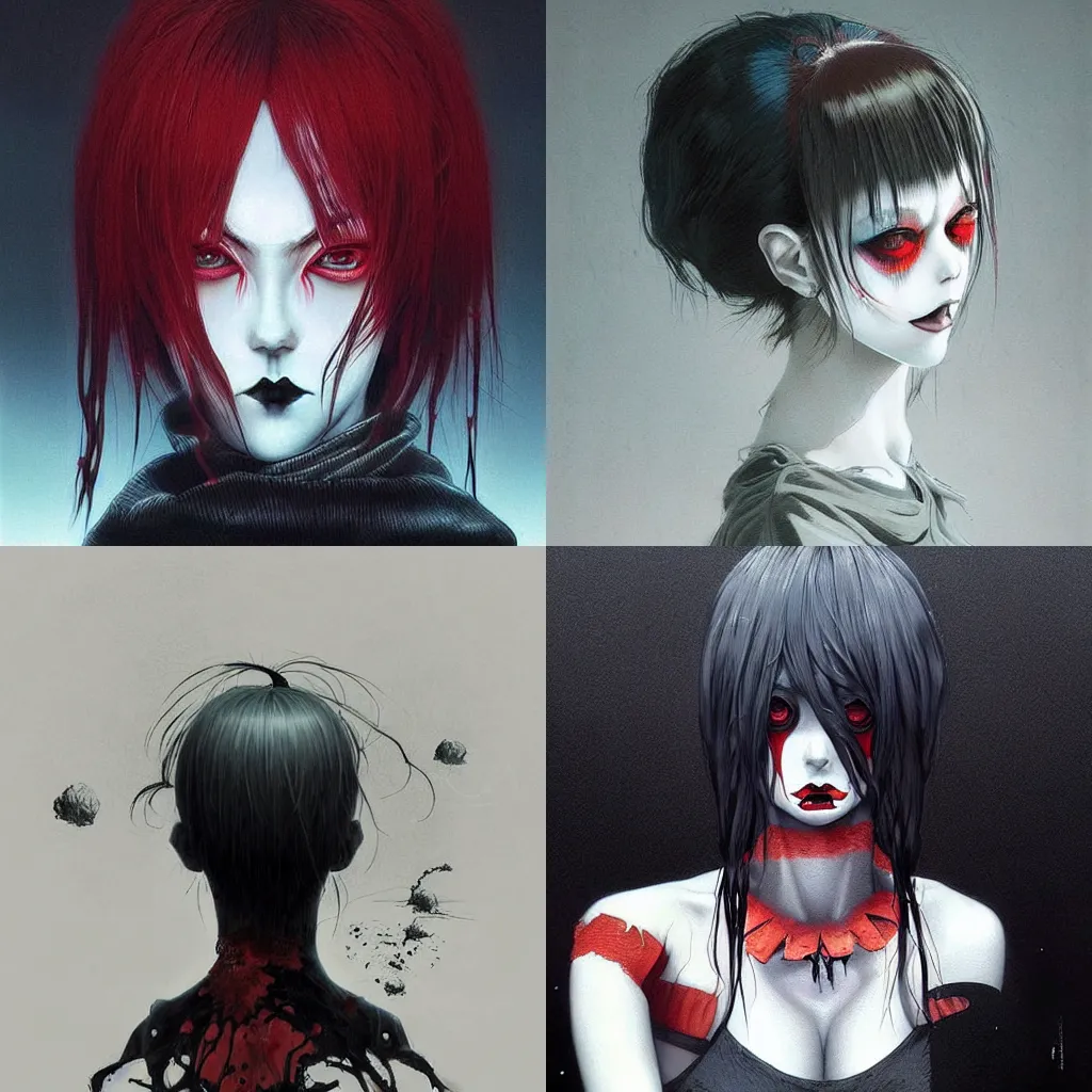 Prompt: beautiful! coherent!!! rule of thirds! detailed! expert! professional manga anime seinen concept art portrait art of a goth clowngirl, painted by ilya kuvshinov!!!!! and zdzislaw beksinski # wow