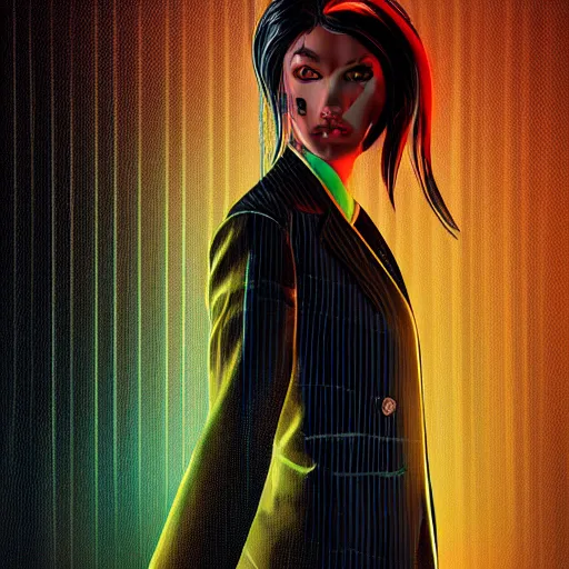 Image similar to stylish woman cartoon portrait made out of rain, pinstripe suit, cyberpunk background, rendered in octane, unreal engine, highly detailed, trending on artstation, realistic, neon, beautiful