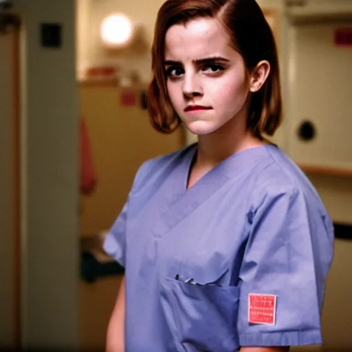 Prompt: emma watson, nurse scrubs, hospital, portrait, mid view head and shoulders, award winning, kodak ektachrome expired blue tint,