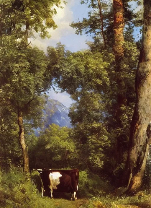 Prompt: artwork painting of a lush environment, a cow is grazing by eugene von guerard, ivan shishkin, john singer sargent