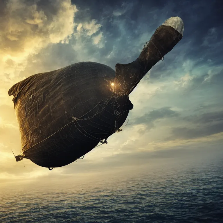 Prompt: a dirigible made of dark matter cruising the depth of the sea , cinematic lighting, photorealistic image, 8k, ultra detailed, high resolution,