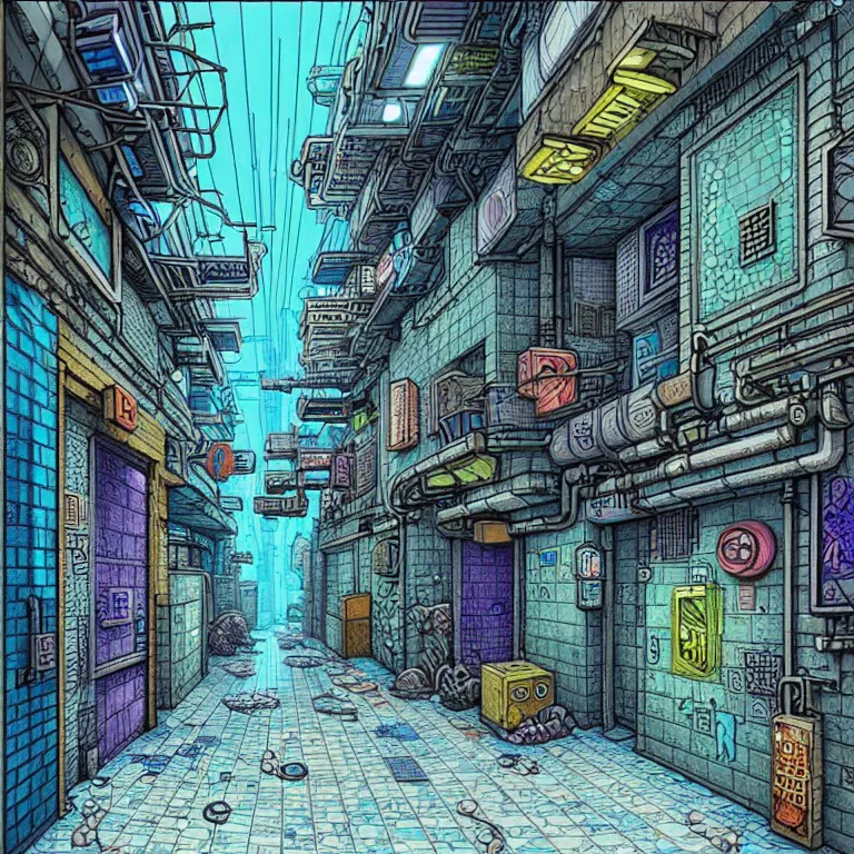 Prompt: an absurdly-detailed cyberpunk alleyway colored-pen drawing as a fancy square tile. Sea-life in a submerged-city.