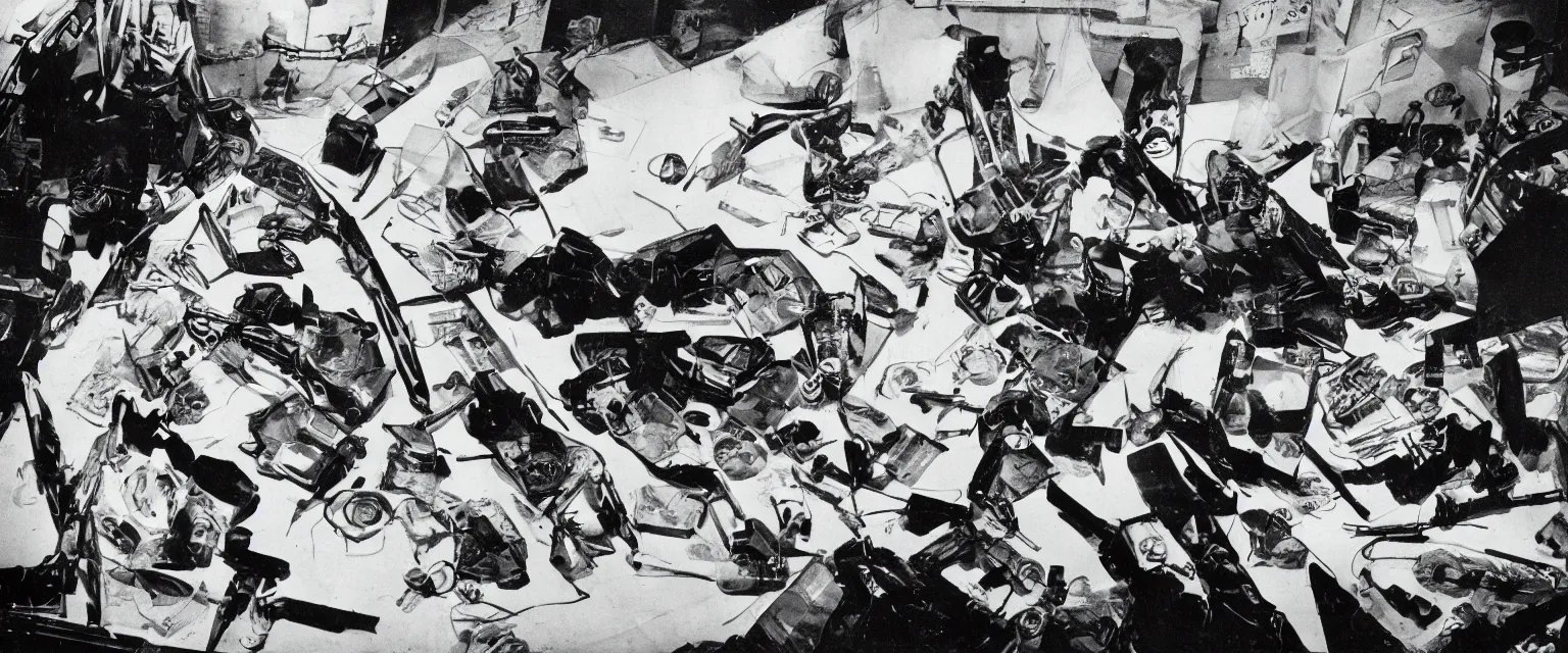 Prompt: detailed sharp photograph in the style of popular science circa 1 9 5 5 and weegee of a crime scene