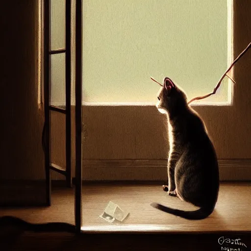 Image similar to house cat eating a vine in the living room next to a door by greg rutkowski