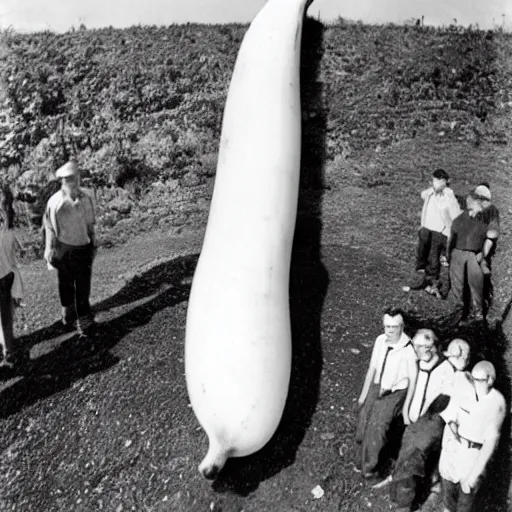 Image similar to The world's largest banana, there are people standing next to the banana depicting its scale, photo taken on a ww2 camera.