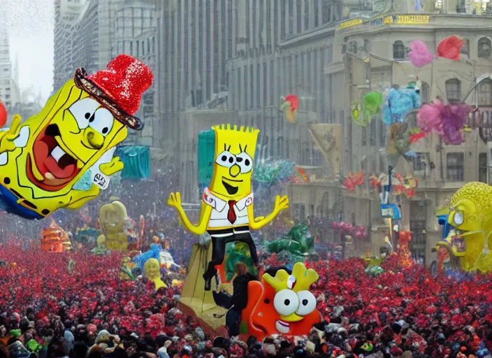 Prompt: spongebob float over the the macys parade by claude monet