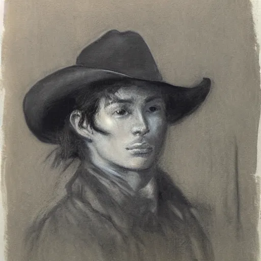 Image similar to portrait of a young action hero cowboy monster hunter, by alfred stevens in charcoal