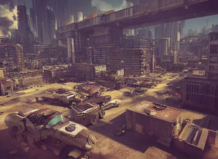 Image similar to “ diesel punk city, first person view, fps, unreal engine, octane render ”