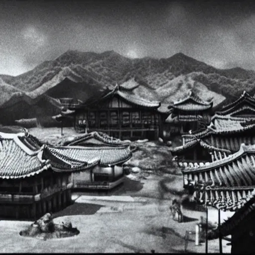 Image similar to a giant Kaiju Starfish Monster over a traditional Korean village, minimal cinematography by Akira Kurosawa, hyperrealistic movie filmstill, film noir, thriller produced by Kim Jong-il