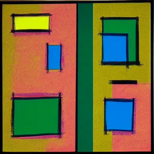 Prompt: painting, four rectangle and one triangle shapes ( colors : blue, yellow, green ), divided by black lines