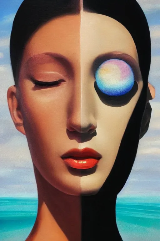 Prompt: hyperrealism oil painting, close-up fashion portrait of woman with android, ocean pattern mixed with star sky in front, in style of classicism mixed with 70s japanese sci-fi book art