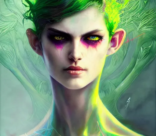 Image similar to a Demon Slayer portrait of Upper Six rank Daki , tall, pale-skinned, and slender woman with lime green eyes and long eyelashes by Stanely Artgerm,Tom Bagshaw,arthur adams,Carne Griffiths,trending on DeviantArt,street art,face enhance,chillwave,maximalist,full of color,glittering