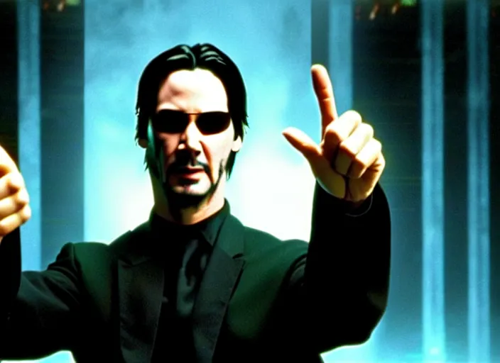 Image similar to A photo of Keanu Reeves as Neo in The Matrix movie doing a thumb up to the camera in front on burning servers, servers in flames in the background, happy system administrator doing a thumb up, uncropped, full body, crispy, ultra detailed