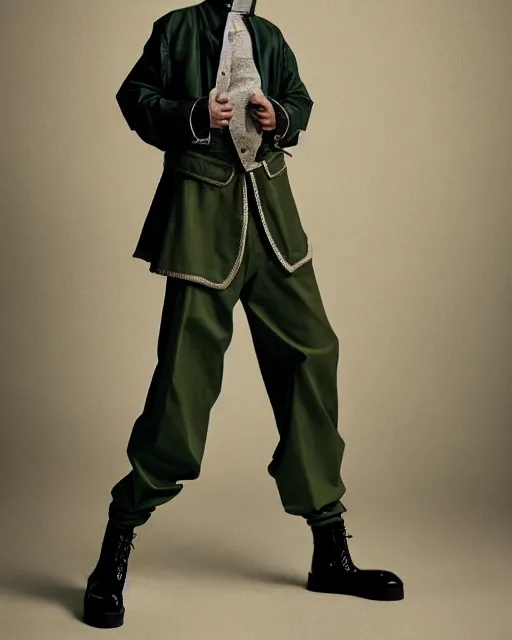 Image similar to a fashion editorial photo of a green extremely baggy short ancient medieval designer menswear moto jacket with an oversized collar and baggy bootcut trousers designed by alexander mcqueen, 4 k, studio lighting, wide angle lens