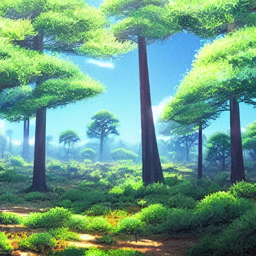 Prompt: forest lanscape panorama by makoto shinkai in pixar style gouache backdrop
